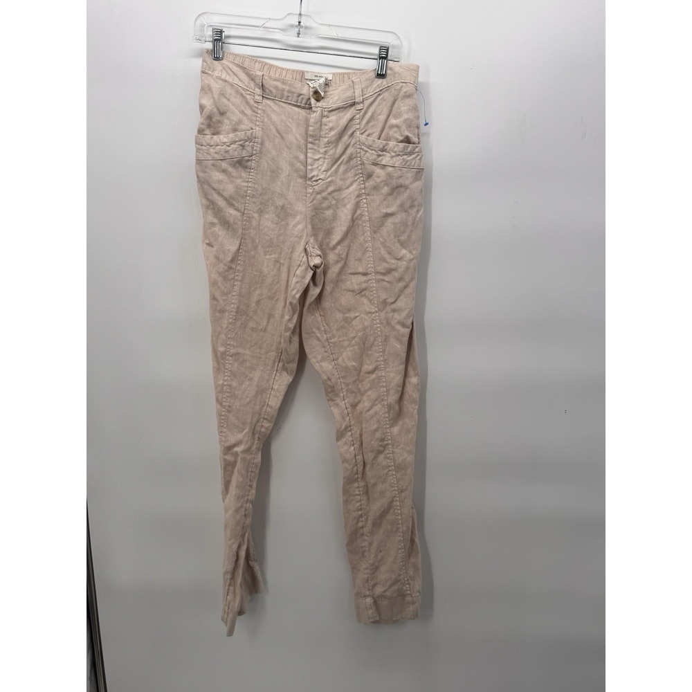 Nicole Miller Linen Pants Elastic Back High Rise Womens‎ M Khaki Straight Cuffed